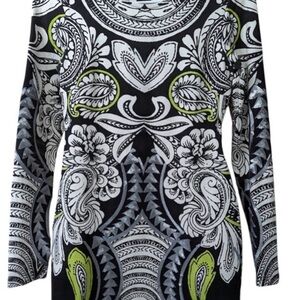 MINKPINK Black & White Paisley sequin Long Sleeve Dress with Lime Accents sz M